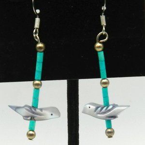 Mother of Pearl Bird Fetish Earrings w/silver & turquoise Beads Pierced